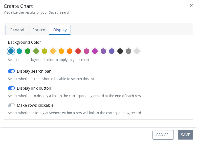 Settings for creating a chart, including background color and display options.